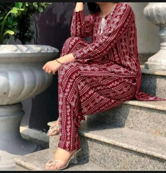 2 Pcs Women's Stitched Linen Printed Shirt And Trouser
