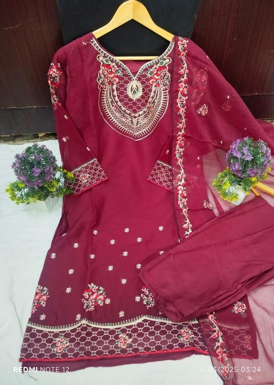 3 Pcs Women's Stitched Silk Embroidered Suit