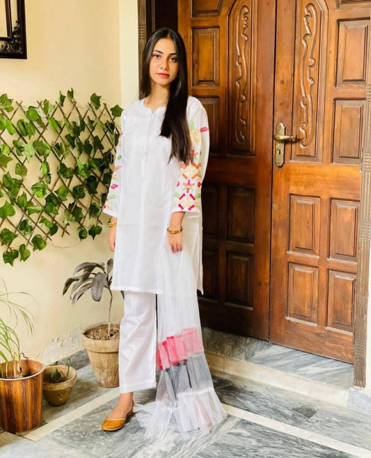 Elegant White Katan Silk Embroidered Suit - 3 Pcs Set