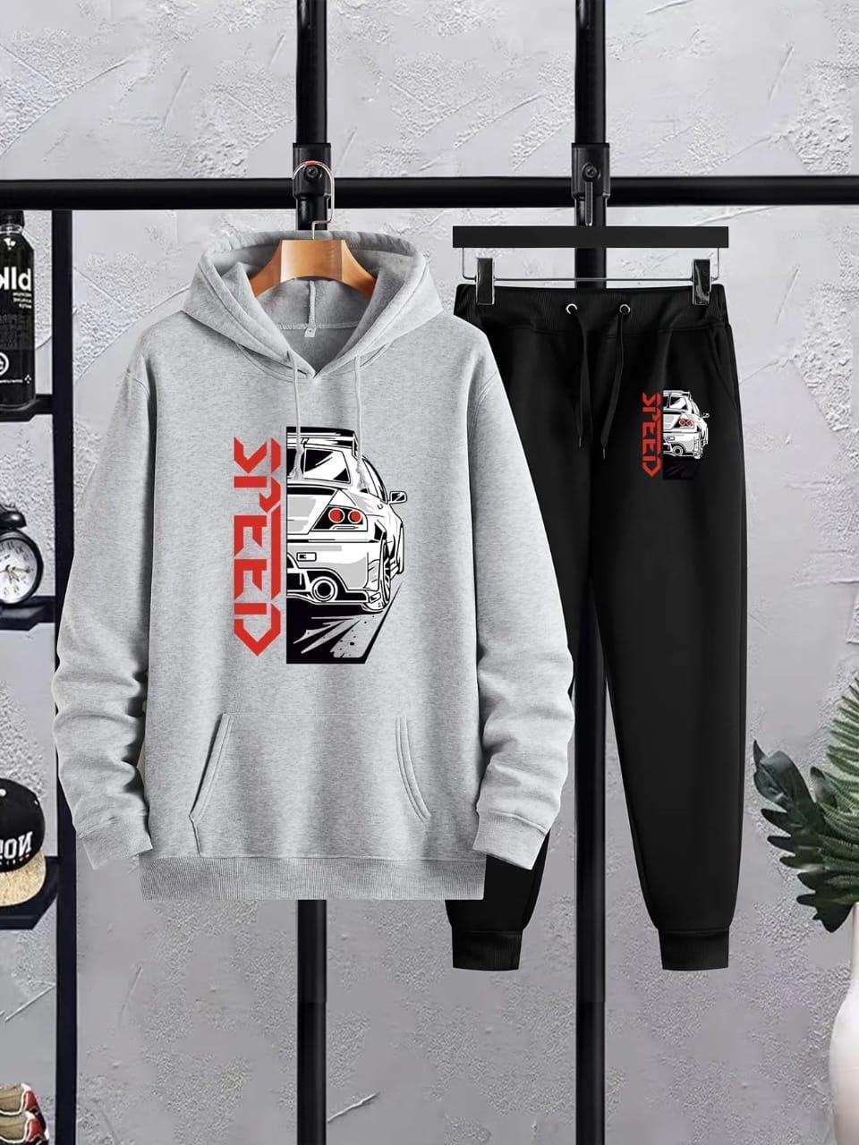Men's Printed Fleece Hoodie Track Suit - 2 Pcs Set, Speed Black
