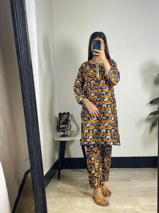 2 Pcs Women's Stitched Lawn Printed Shirt And Trouser