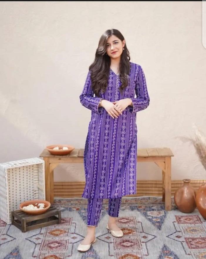 2 Pcs Women's Stitched Linen Printed Shirt And Trouser
