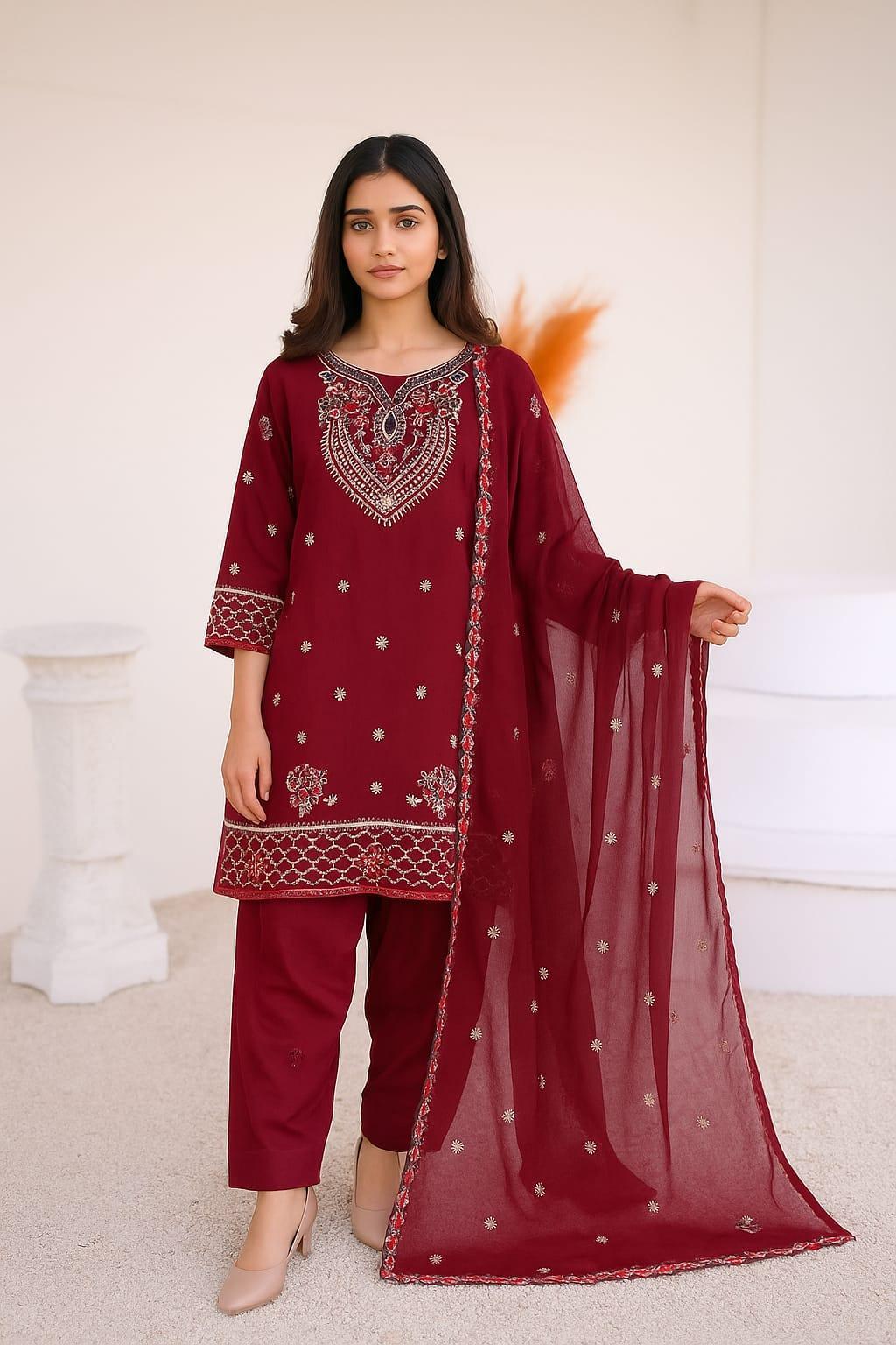3 Pcs Women's Stitched Silk Embroidered Suit