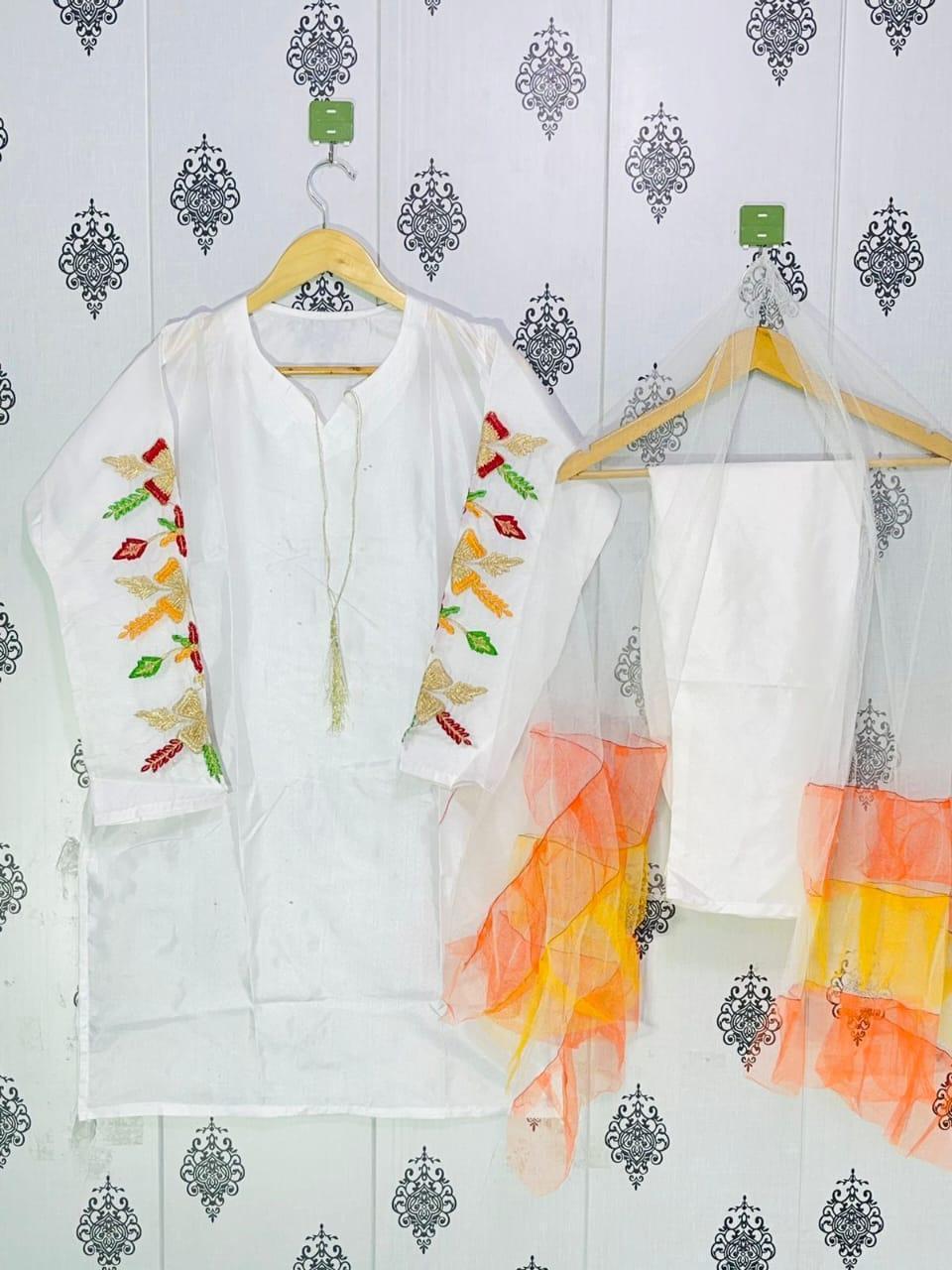 Elegant White Katan Silk Embroidered Suit - 3 Pcs Set