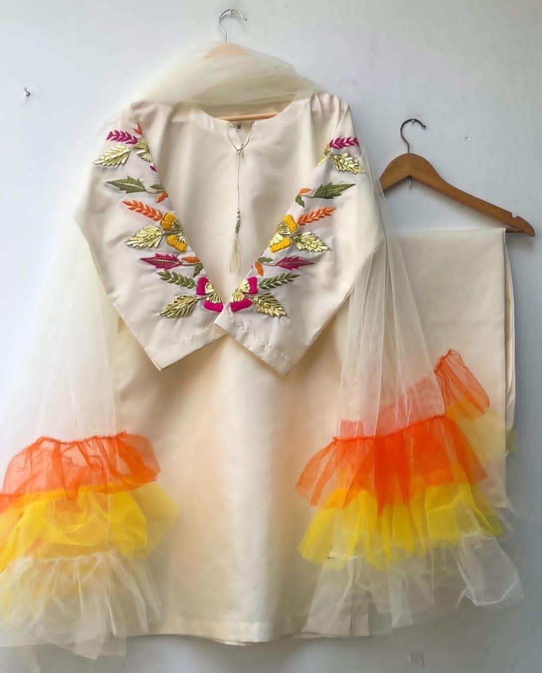 Elegant White Katan Silk Embroidered Suit - 3 Pcs Set