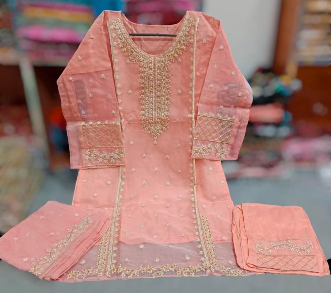 Embroidered Organza Women's Suit Set - 3 Pcs in Peach