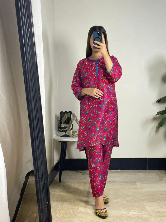 2 Pcs Women's Stitched Lawn Printed Shirt And Trouser